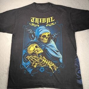 Y2K Tribal Gear Vintage Black T-shirt M Blue and Yellow Reaper